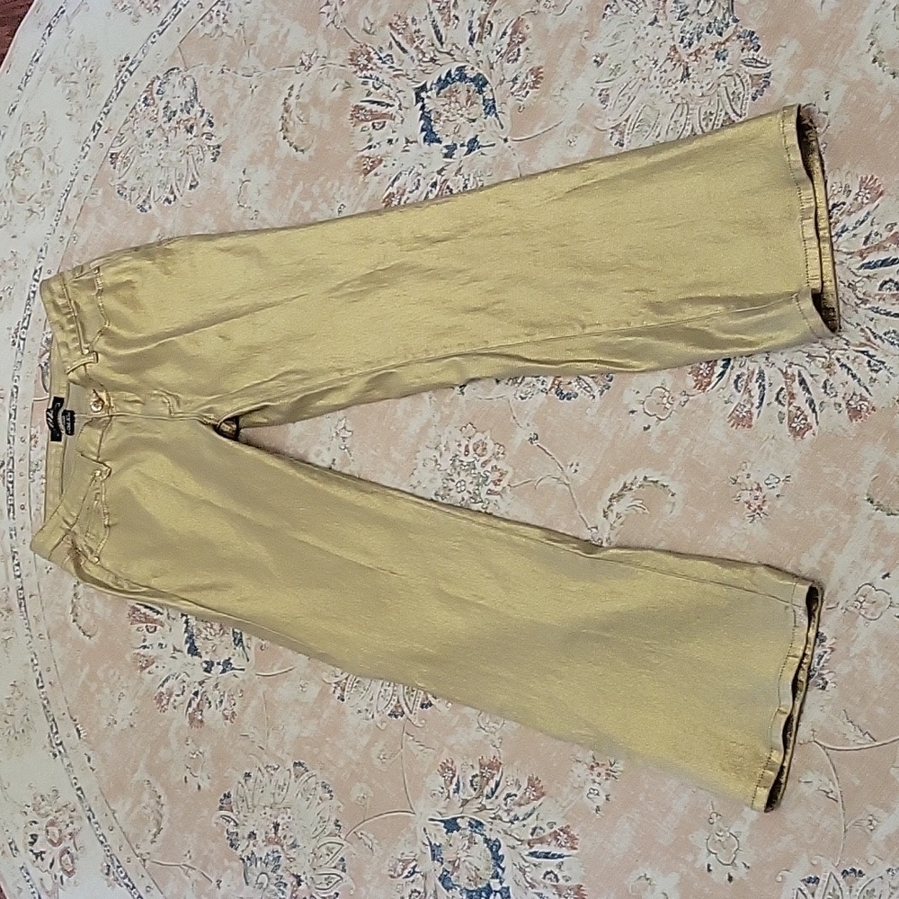 Midnight Velvet shiny gold stretch jeans classic 5 pocket style boot cut…10 EUC